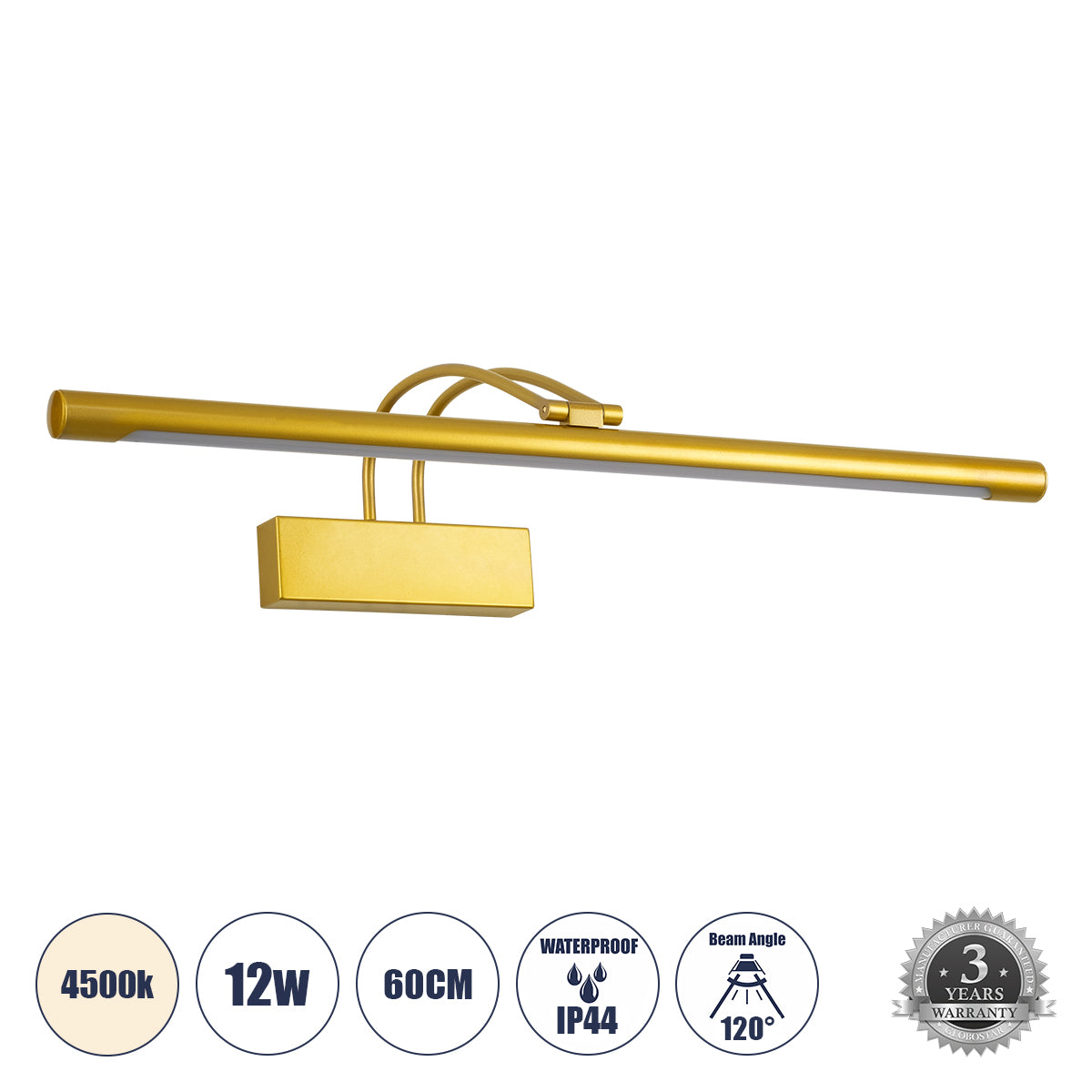 LAURA 60425 Μοντέρνο Φωτιστικό Τοίχου - Απλίκα Καθρέπτη Μπάνιου LED 12W 1400lm 120° AC 220-240V IP44 Φυσικό Λευκό 4500K - Lumileds SMD Chip & TÜV SÜD Driver - Χρυσό Βούρτσας - Μ60 x Π27 x Υ13