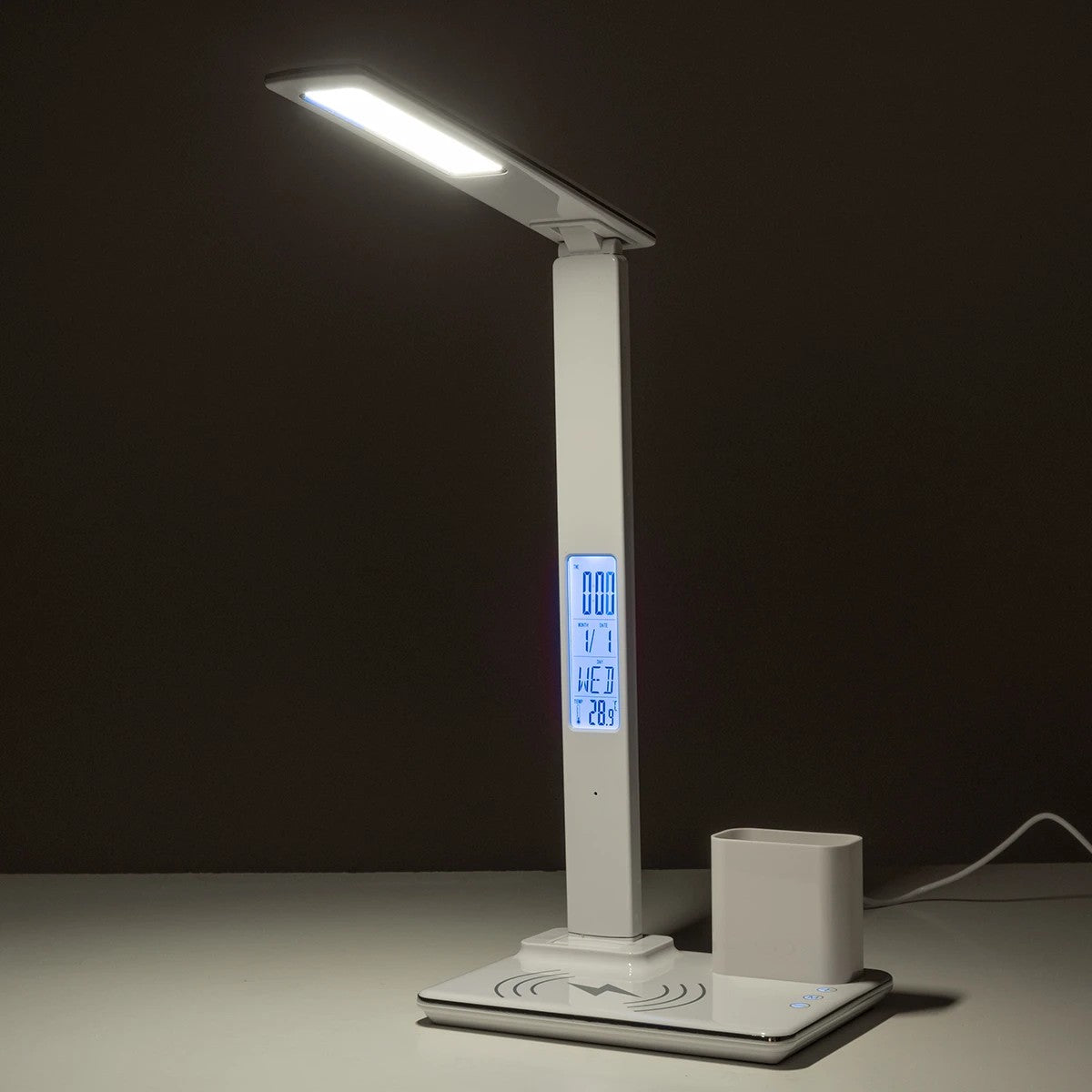 ZENTIME 76554 Μοντέρνο Επιτραπέζιο Φωτιστικό Γραφείου με Ασύρματη Φόρτιση 15W 3A & Ψηφιακό Ρολόι LED 3.5W 350lm 120° DC 5V με USB-C IP20 Ρυθμιζόμενο Λευκό CCT με Αφή 2700K/4500K/6000K Dimmable - Sanan SMD Chip - Μαύρο - Μ19.5 x Π14.5 x Υ38.8