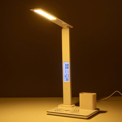 ZENTIME 76554 Μοντέρνο Επιτραπέζιο Φωτιστικό Γραφείου με Ασύρματη Φόρτιση 15W 3A & Ψηφιακό Ρολόι LED 3.5W 350lm 120° DC 5V με USB-C IP20 Ρυθμιζόμενο Λευκό CCT με Αφή 2700K/4500K/6000K Dimmable - Sanan SMD Chip - Μαύρο - Μ19.5 x Π14.5 x Υ38.8