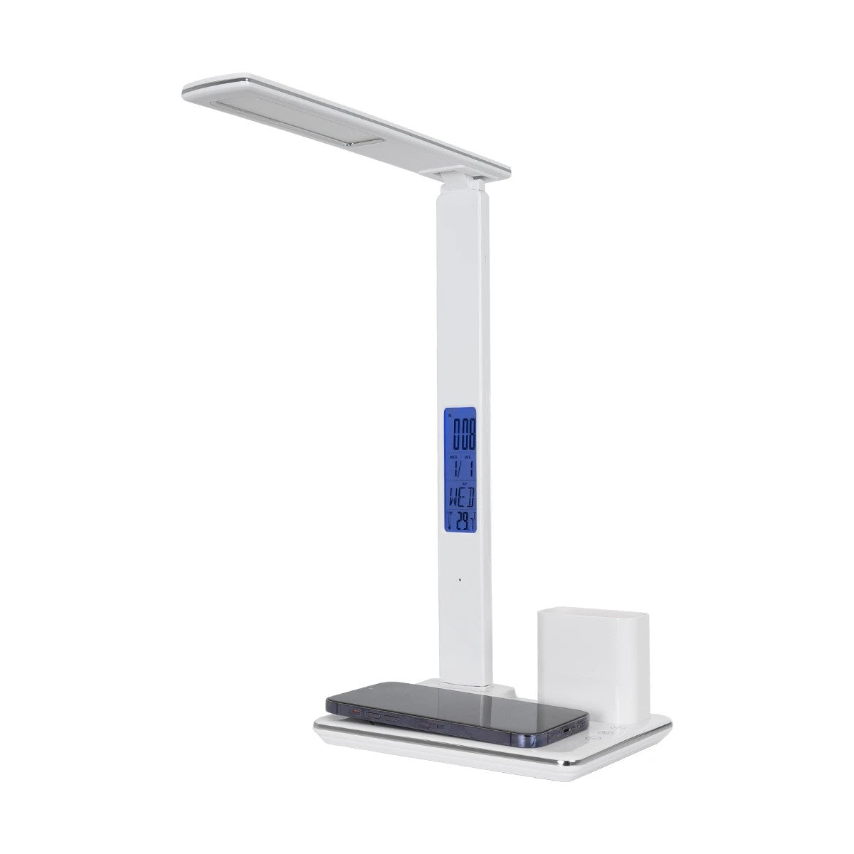 ZENTIME 76554 Μοντέρνο Επιτραπέζιο Φωτιστικό Γραφείου με Ασύρματη Φόρτιση 15W 3A & Ψηφιακό Ρολόι LED 3.5W 350lm 120° DC 5V με USB-C IP20 Ρυθμιζόμενο Λευκό CCT με Αφή 2700K/4500K/6000K Dimmable - Sanan SMD Chip - Μαύρο - Μ19.5 x Π14.5 x Υ38.8