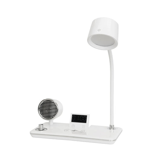 OLDY 76557 Μοντέρνο Επιτραπέζιο Φωτιστικό Γραφείου με Ασύρματη Φόρτιση 15W 3A, 5W Bluetooth Ηχείο & Ψηφιακό Ρολόι LED 3W 300lm 120° DC 5V με USB-C IP20 Ρυθμιζόμενο Λευκό CCT με Αφή 2700K/4500K/6000K Dimmable - Sanan SMD Chip - Λευκό - Μ13 x Π25 x Υ43