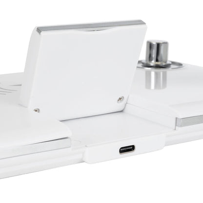 OLDY 76557 Μοντέρνο Επιτραπέζιο Φωτιστικό Γραφείου με Ασύρματη Φόρτιση 15W 3A, 5W Bluetooth Ηχείο & Ψηφιακό Ρολόι LED 3W 300lm 120° DC 5V με USB-C IP20 Ρυθμιζόμενο Λευκό CCT με Αφή 2700K/4500K/6000K Dimmable - Sanan SMD Chip - Λευκό - Μ13 x Π25 x Υ43