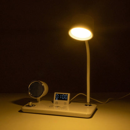 OLDY 76557 Μοντέρνο Επιτραπέζιο Φωτιστικό Γραφείου με Ασύρματη Φόρτιση 15W 3A, 5W Bluetooth Ηχείο & Ψηφιακό Ρολόι LED 3W 300lm 120° DC 5V με USB-C IP20 Ρυθμιζόμενο Λευκό CCT με Αφή 2700K/4500K/6000K Dimmable - Sanan SMD Chip - Λευκό - Μ13 x Π25 x Υ43