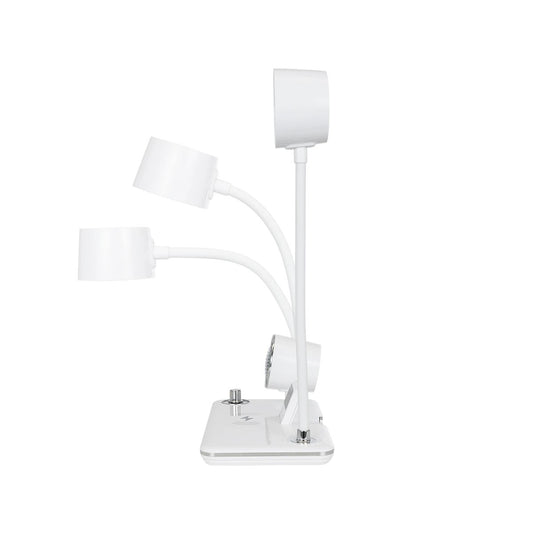 OLDY 76557 Μοντέρνο Επιτραπέζιο Φωτιστικό Γραφείου με Ασύρματη Φόρτιση 15W 3A, 5W Bluetooth Ηχείο & Ψηφιακό Ρολόι LED 3W 300lm 120° DC 5V με USB-C IP20 Ρυθμιζόμενο Λευκό CCT με Αφή 2700K/4500K/6000K Dimmable - Sanan SMD Chip - Λευκό - Μ13 x Π25 x Υ43