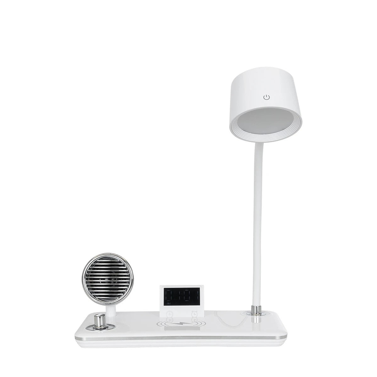 OLDY 76557 Μοντέρνο Επιτραπέζιο Φωτιστικό Γραφείου με Ασύρματη Φόρτιση 15W 3A, 5W Bluetooth Ηχείο & Ψηφιακό Ρολόι LED 3W 300lm 120° DC 5V με USB-C IP20 Ρυθμιζόμενο Λευκό CCT με Αφή 2700K/4500K/6000K Dimmable - Sanan SMD Chip - Λευκό - Μ13 x Π25 x Υ43