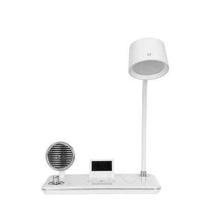OLDY 76557 Μοντέρνο Επιτραπέζιο Φωτιστικό Γραφείου με Ασύρματη Φόρτιση 15W 3A, 5W Bluetooth Ηχείο & Ψηφιακό Ρολόι LED 3W 300lm 120° DC 5V με USB-C IP20 Ρυθμιζόμενο Λευκό CCT με Αφή 2700K/4500K/6000K Dimmable - Sanan SMD Chip - Λευκό - Μ13 x Π25 x Υ43
