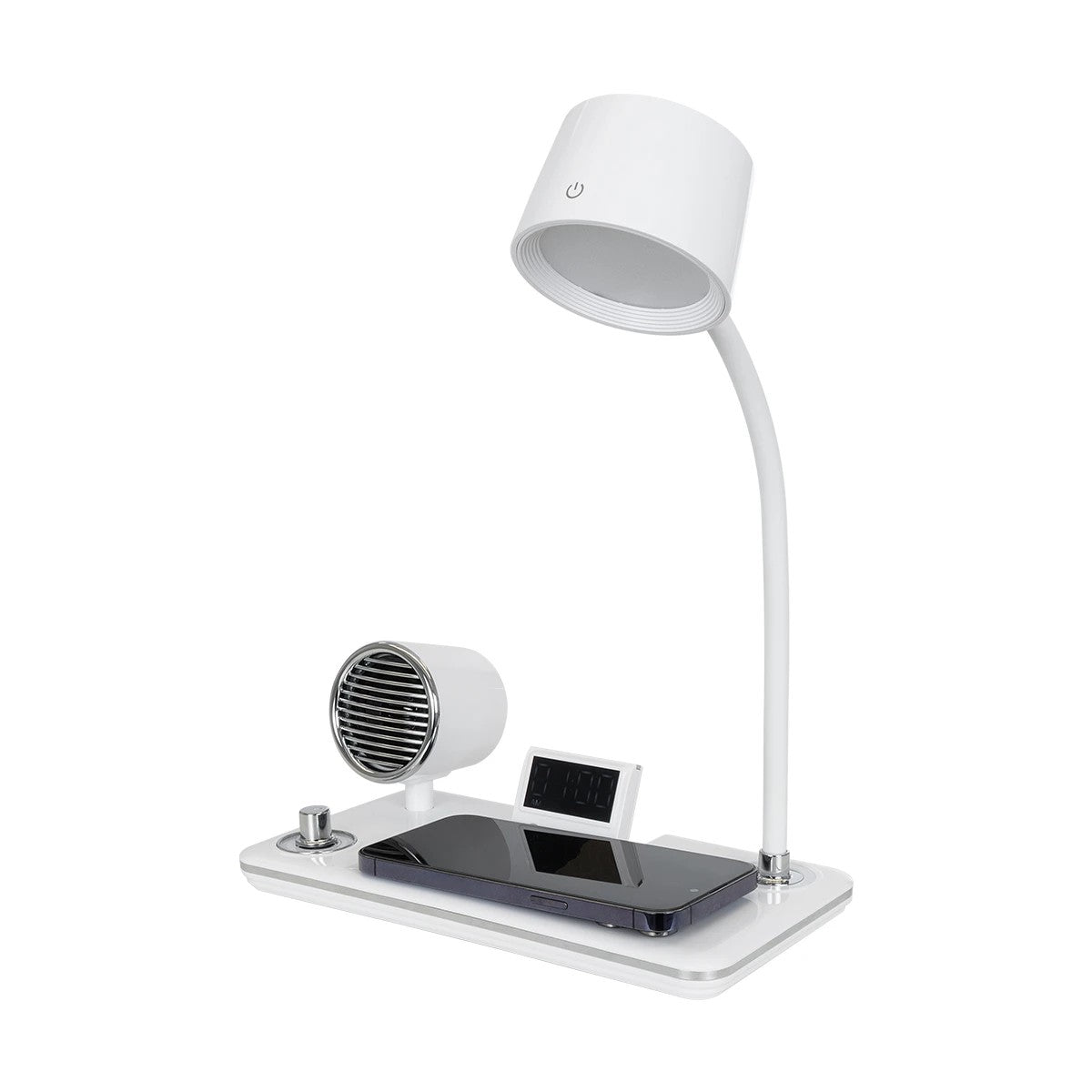 OLDY 76557 Μοντέρνο Επιτραπέζιο Φωτιστικό Γραφείου με Ασύρματη Φόρτιση 15W 3A, 5W Bluetooth Ηχείο & Ψηφιακό Ρολόι LED 3W 300lm 120° DC 5V με USB-C IP20 Ρυθμιζόμενο Λευκό CCT με Αφή 2700K/4500K/6000K Dimmable - Sanan SMD Chip - Λευκό - Μ13 x Π25 x Υ43