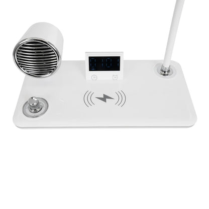 OLDY 76557 Μοντέρνο Επιτραπέζιο Φωτιστικό Γραφείου με Ασύρματη Φόρτιση 15W 3A, 5W Bluetooth Ηχείο & Ψηφιακό Ρολόι LED 3W 300lm 120° DC 5V με USB-C IP20 Ρυθμιζόμενο Λευκό CCT με Αφή 2700K/4500K/6000K Dimmable - Sanan SMD Chip - Λευκό - Μ13 x Π25 x Υ43