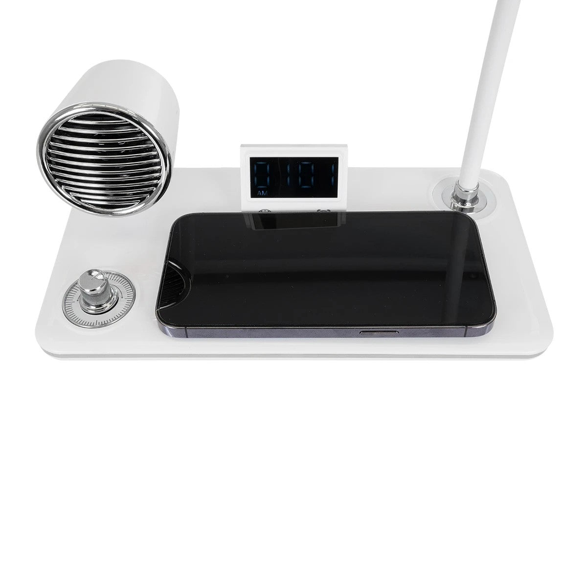 OLDY 76557 Μοντέρνο Επιτραπέζιο Φωτιστικό Γραφείου με Ασύρματη Φόρτιση 15W 3A, 5W Bluetooth Ηχείο & Ψηφιακό Ρολόι LED 3W 300lm 120° DC 5V με USB-C IP20 Ρυθμιζόμενο Λευκό CCT με Αφή 2700K/4500K/6000K Dimmable - Sanan SMD Chip - Λευκό - Μ13 x Π25 x Υ43