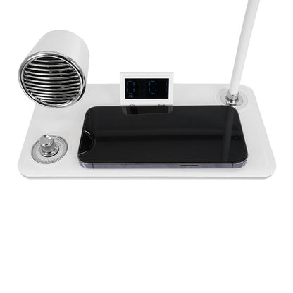 OLDY 76557 Μοντέρνο Επιτραπέζιο Φωτιστικό Γραφείου με Ασύρματη Φόρτιση 15W 3A, 5W Bluetooth Ηχείο & Ψηφιακό Ρολόι LED 3W 300lm 120° DC 5V με USB-C IP20 Ρυθμιζόμενο Λευκό CCT με Αφή 2700K/4500K/6000K Dimmable - Sanan SMD Chip - Λευκό - Μ13 x Π25 x Υ43