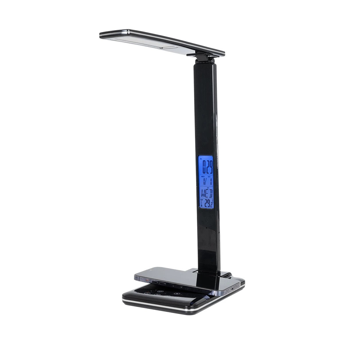 ZENTIME 76564 Μοντέρνο Επιτραπέζιο Φωτιστικό Γραφείου με Ασύρματη Φόρτιση 10W 2A & Ψηφιακό Ρολόι LED 3.5W 350lm 120° DC 5V με USB-C IP20 Ρυθμιζόμενο Λευκό CCT με Αφή 2700K/4500K/6000K Dimmable - Sanan SMD Chip - Μαύρο - Μ18 x Π12 x Υ40