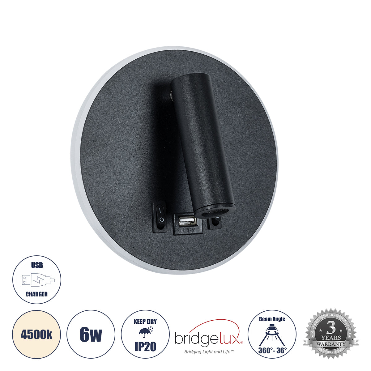 LADY-R 60938 Μοντέρνο Φωτιστικό Τοίχου - Απλίκα Ξενοδοχείου Reading Light με Φορτιστή USB 3A LED 6W 600lm 36° & 360° AC 220-240V IP20 Φυσικό Λευκό 4500K - Bridgelux COB Chip & TÜV SÜD Driver - Μαύρο Ματ - Μ15 x Π15 x Υ7