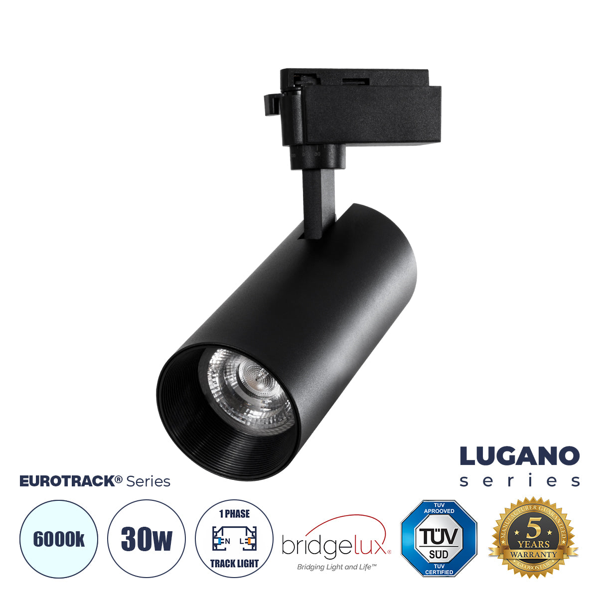 LUGANO 60815 Μονοφασικό Φωτιστικό Σποτ Ράγας LED 30W 3900lm 36° Acrylic HQ LENS AC 220-240V IP20 Φ7.5 x Υ22.7cm Ψυχρό Λευκό 6000K - EUROTRACK® System 1L+1N - Μαύρο - Bridgelux Chip - TÜV Certified Driver