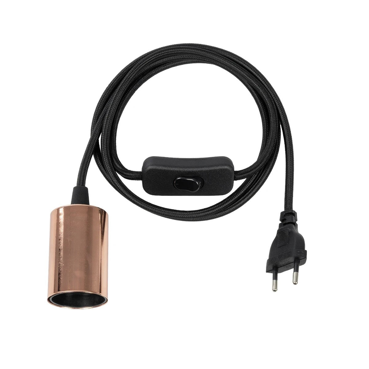 WHIP 77665 Μοντέρνο DIY Φωτιστικό με Υφασμάτινο Καλώδιο, Ντουί 1 x E27, Διακόπτη On/Off & Πρίζα AC 220-240V IP20 - Μαύρο & Ροζ Χρυσό - Μ150 x Π4 x Υ4