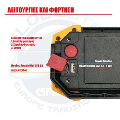 79037 Φορητός Επαναφορτιζόμενος Προβολέας Εργασίας LED COB 20W 2000lm με 4 Modes & Power Bank και με Καλώδιο Φόρτισης Micro USB Αδιάβροχος IP65 Ψυχρό Λευκό 6000K Μ11.5 x Π10 x Υ23cm