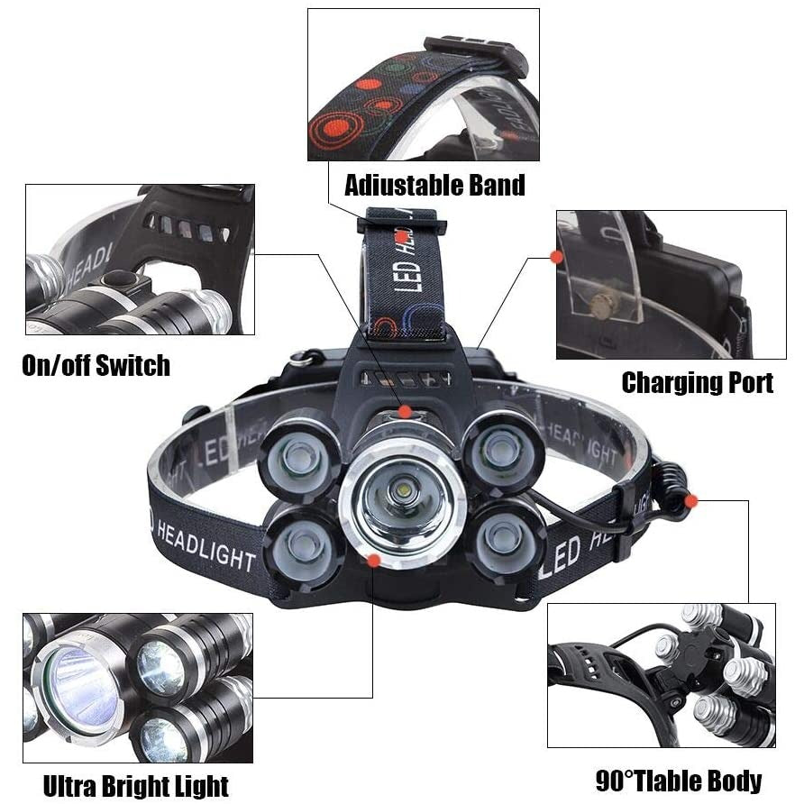 79059 Φακός Κεφαλής Επαναφορτιζόμενος LED CREE XML2-T6 Chip 30 Watt 2000lm με 2 x 18650 Μπαταρίες 5200mAh Ψυχρό Λευκό 6000K - Μ9 x Π7.5 x Υ9cm