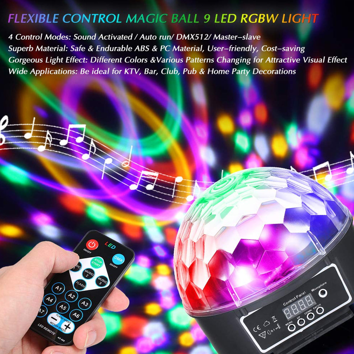 79602 LED Party Disco Μπάλα με Περιστρεφόμενα Φωτορυθμικά Εφέ Πολύχρωμη RGB DMX512 20W με Sound Control Activated Εφέ και με Ασύρματο Χειριστήριο AC 230V IP20 Φ17 x Υ15cm