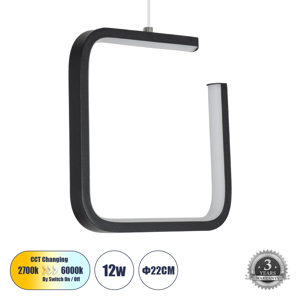 CEROBA 61308 Κρεμαστό Φωτιστικό Οροφής Linear Design LED CCT 12W 1320lm 360° AC 220-240V - Εναλλαγή Φωτισμού μέσω Διακόπτη On/Off All In One Ψυχρό 6000k+Φυσικό 4500k+Θερμό 2700k Μ22 x Π2 x Υ22cm - Μαύρο
