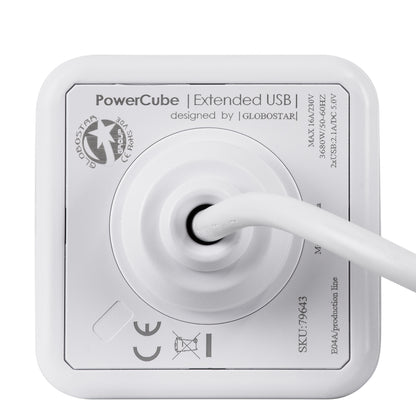 TRAVEL PowerCube PRO Certified 79643 Πολύπριζο 6 Θέσεων με 1.5m Kαλώδιο - 4 Πρίζες Ασφαλείας Childproof EU Schuko AC 220-240V & 2 Πρίζες USB Max 2.1A/DC 5V Μ7.5 x Π7.5 x Υ7.5 - Λευκό με Μπλε - Max Load 3680W/16A