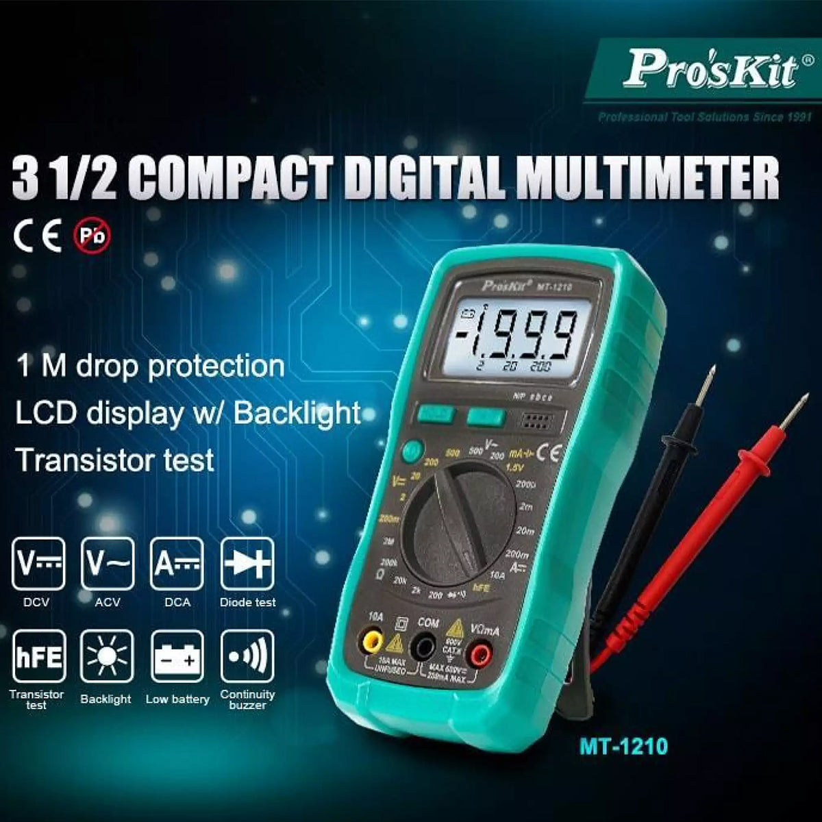 79982 Ψηφιακό Πολύμετρο Proskit MT-1210 με Θήκη Προστασίας - Οθόνη 3 ½ - Buzzer και Βοηθητικό Φωτισμό