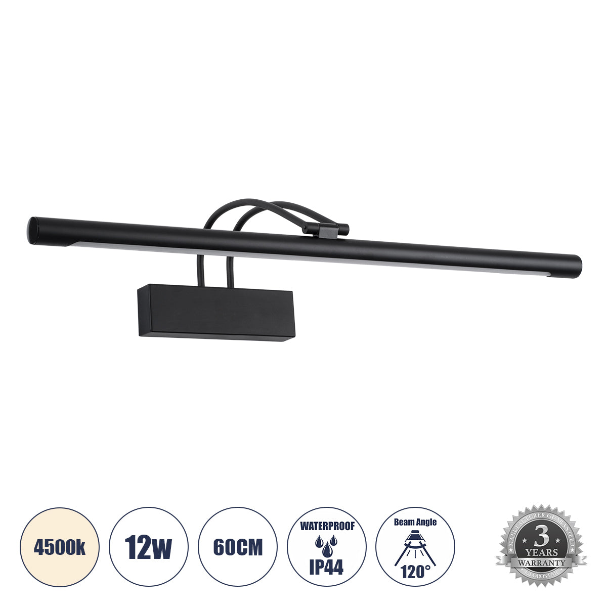 LAURA 60424 Μοντέρνο Φωτιστικό Τοίχου - Απλίκα Καθρέπτη Μπάνιου LED 12W 1400lm 120° AC 220-240V IP20 Φυσικό Λευκό 4500K - Bridgelux SMD Chip - Μαύρο Ματ - Μ60 x Π27 x Υ13