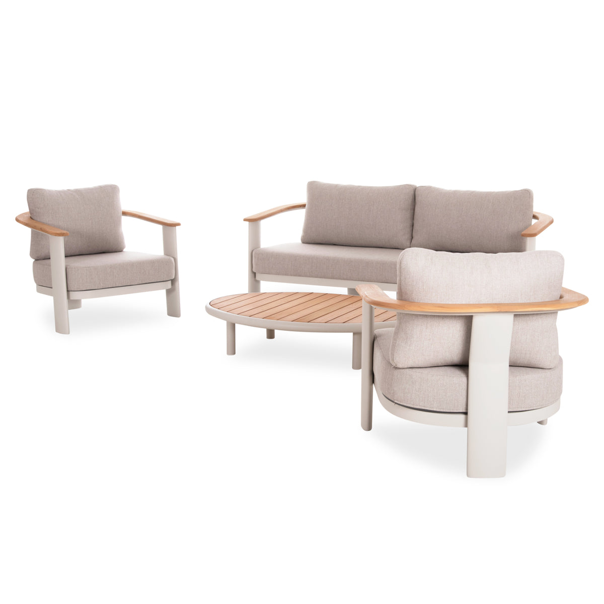 4-PIECE OUTDOOR LOUNGE SET ROMAN CREAM ALUMINUM BEIGE OLEFIN FABRIC TEAK WOOD