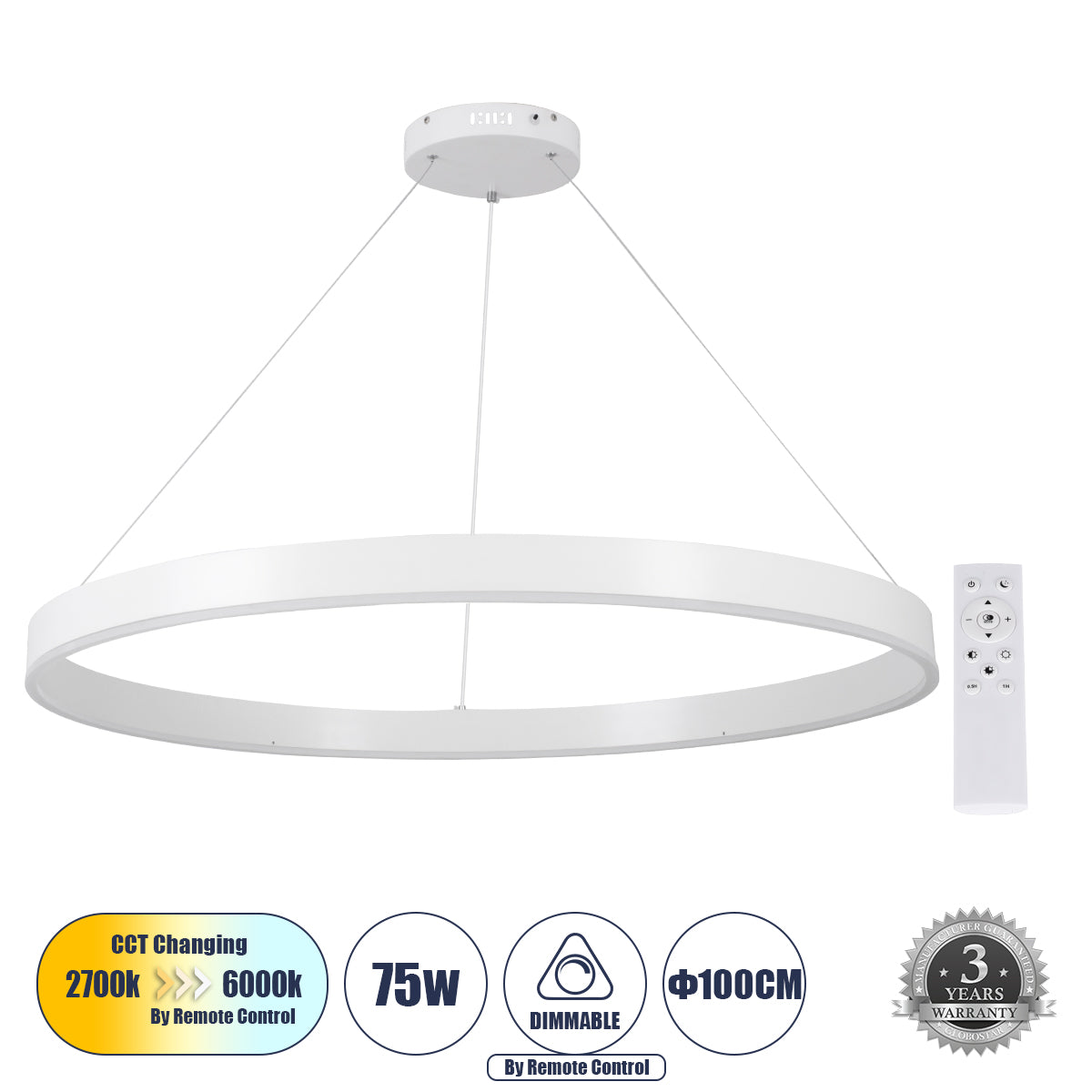 VENOM 61183 Μοντέρνο Κρεμαστό Φωτιστικό Οροφής LED 75W 8818lm 120° AC 220-240V IP20 Ρυθμιζόμενο Λευκό CCT με Χειριστήριο από 2700K έως 6000K Dimmable - Lumileds SMD Chip - Λευκό Ματ - Μ100 x Π100 x Υ6.5