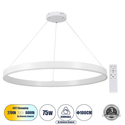 VENOM 61183 Μοντέρνο Κρεμαστό Φωτιστικό Οροφής LED 75W 8818lm 120° AC 220-240V IP20 Ρυθμιζόμενο Λευκό CCT με Χειριστήριο από 2700K έως 6000K Dimmable - Lumileds SMD Chip - Λευκό Ματ - Μ100 x Π100 x Υ6.5