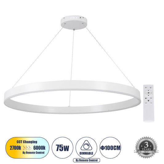 VENOM 61183 Μοντέρνο Κρεμαστό Φωτιστικό Οροφής LED 75W 8818lm 120° AC 220-240V IP20 Ρυθμιζόμενο Λευκό CCT με Χειριστήριο από 2700K έως 6000K Dimmable - Lumileds SMD Chip - Λευκό Ματ - Μ100 x Π100 x Υ6.5