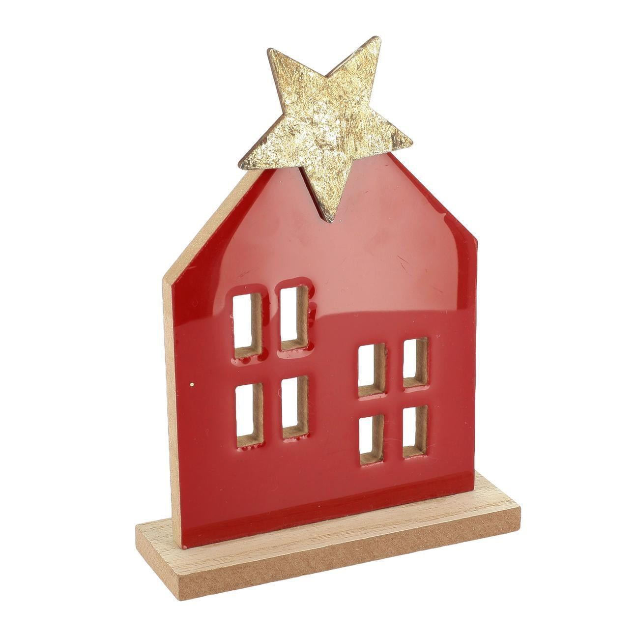 Σπιτάκι με Αστέρι από Λακαρισμένο Ξύλο Κόκκινο & Χρυσό 12×4x17