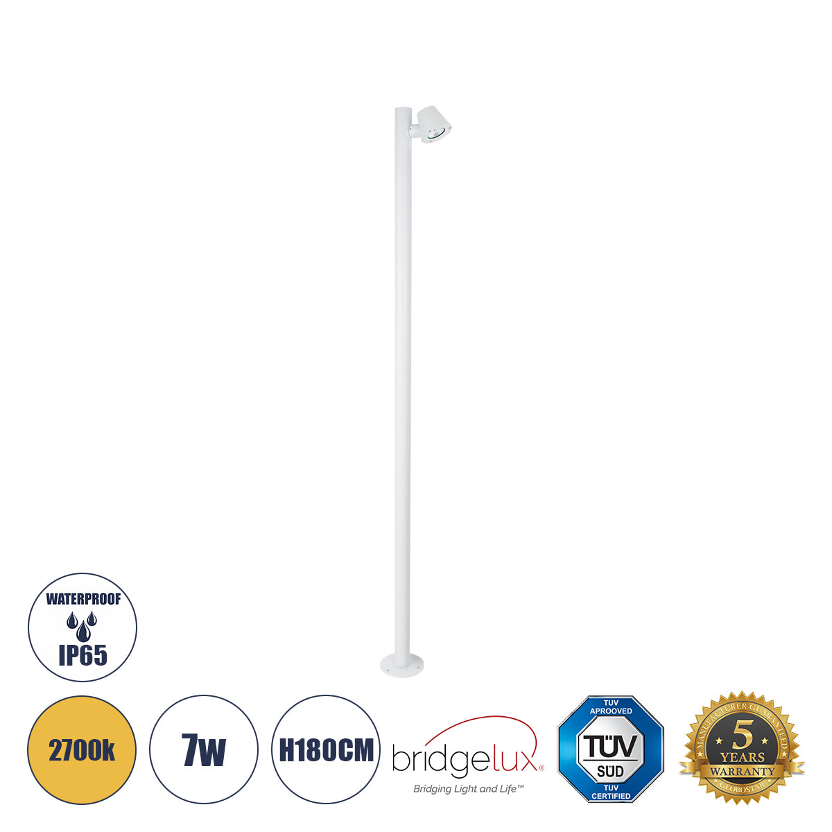 GARDENIA 60509 Φωτιστικό Κήπου - Πάρκου - Πλατείας - Κολωνάκι Αρχιτεκτονικού Φωτισμού Εξωτερικού Χώρου LED 7W 700lm 60° AC220-240V Αδιάβροχο IP65 - Σώμα Αλουμινίου & Tempered Glass - Μ15 x Π18 x Υ180cm - Θερμό Λευκό 2700K - Λευκό - Bridgelux Chip