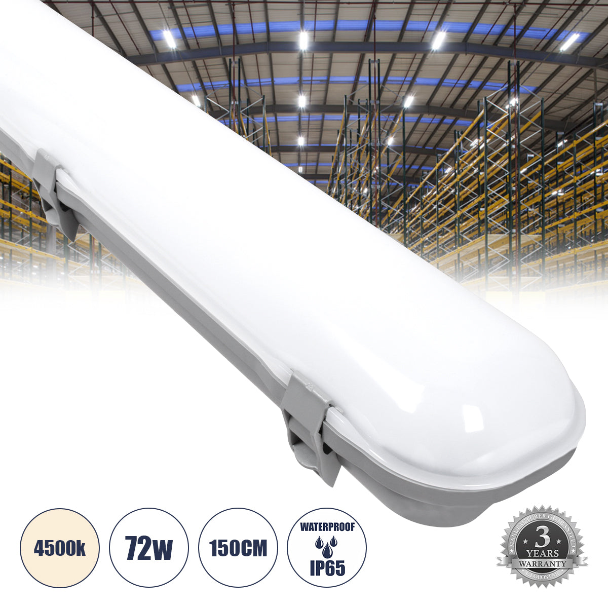 60177 LED Γραμμικό Βιομηχανικό Φωτιστικό Tri-Proof 150cm 72W 8306lm 120° AC 220-240V Αδιάβροχο IP65 Μ150 x Π10,5 x Υ8cm Φυσικό Λευκό 4500K