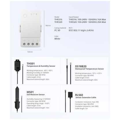 80082 SONOFF THR320 TH ORIGIN Smart LAN & WiFi 2.4GHz Temperature and Humidity Control AC 100-240V Max 20A
