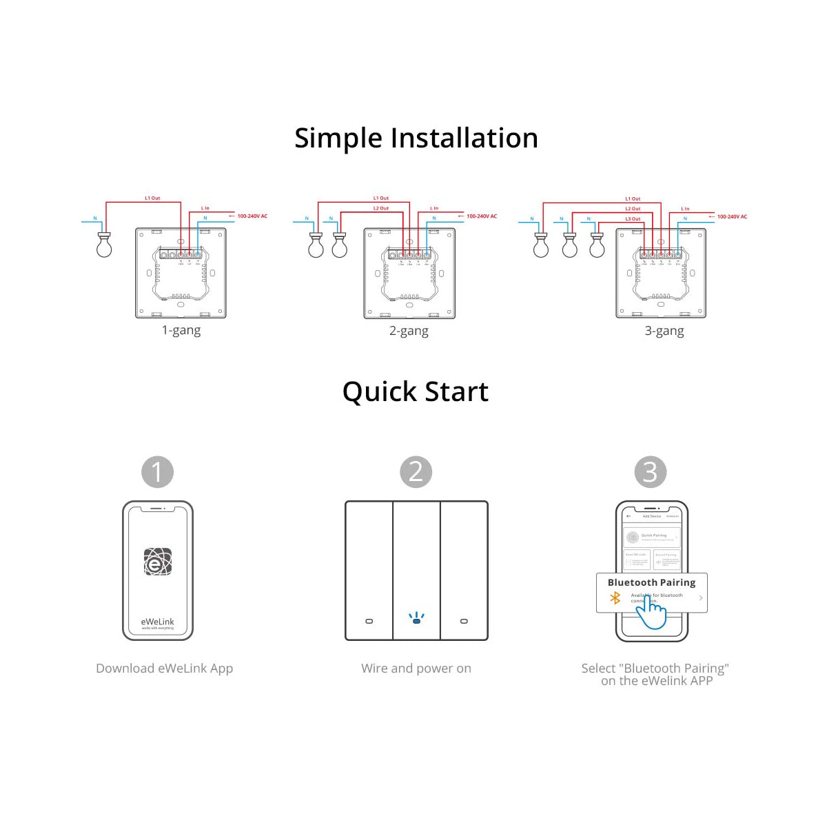 80089 SONOFF M5-3C-80 SwitchMan Mechanical Smart Switch WiFi & Bluetooth AC 100-240V Max 6A 1320W (2A/Way) 3 Way