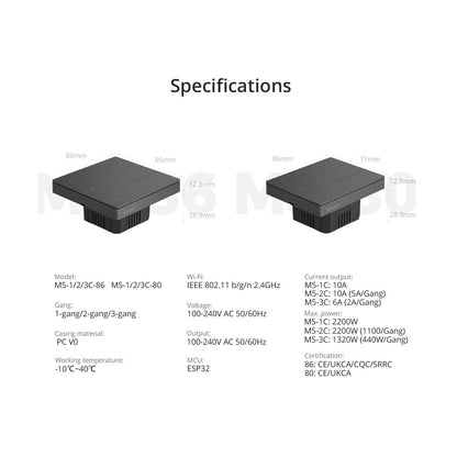 80089 SONOFF M5-3C-80 SwitchMan Mechanical Smart Switch WiFi & Bluetooth AC 100-240V Max 6A 1320W (2A/Way) 3 Way