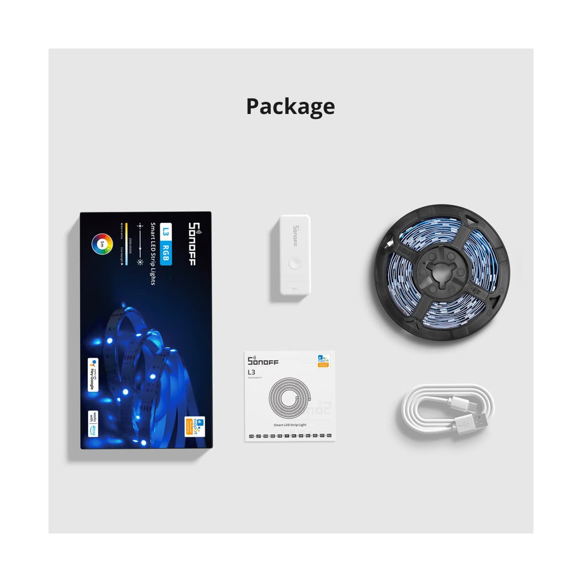 80098 SONOFF L3-5M RGB Smart LED Strip Light WiFi 2.4GHz 90 SMD/5M 5050 5m Roll & Power Adapter DC 5V Max 10W