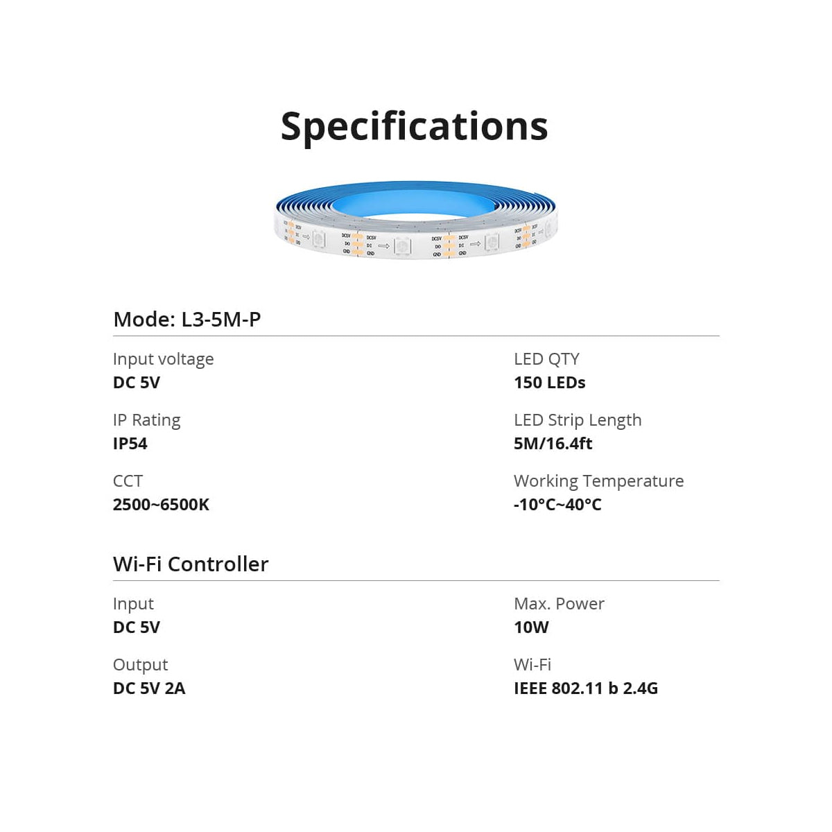 80099 SONOFF L3-5M-PRO RGBIC Digital IC RGB Smart LED Strip Light WiFi 2.4GHz 90 SMD/M 5050 5m Roll & Power Adapter DC 5V Max 10W