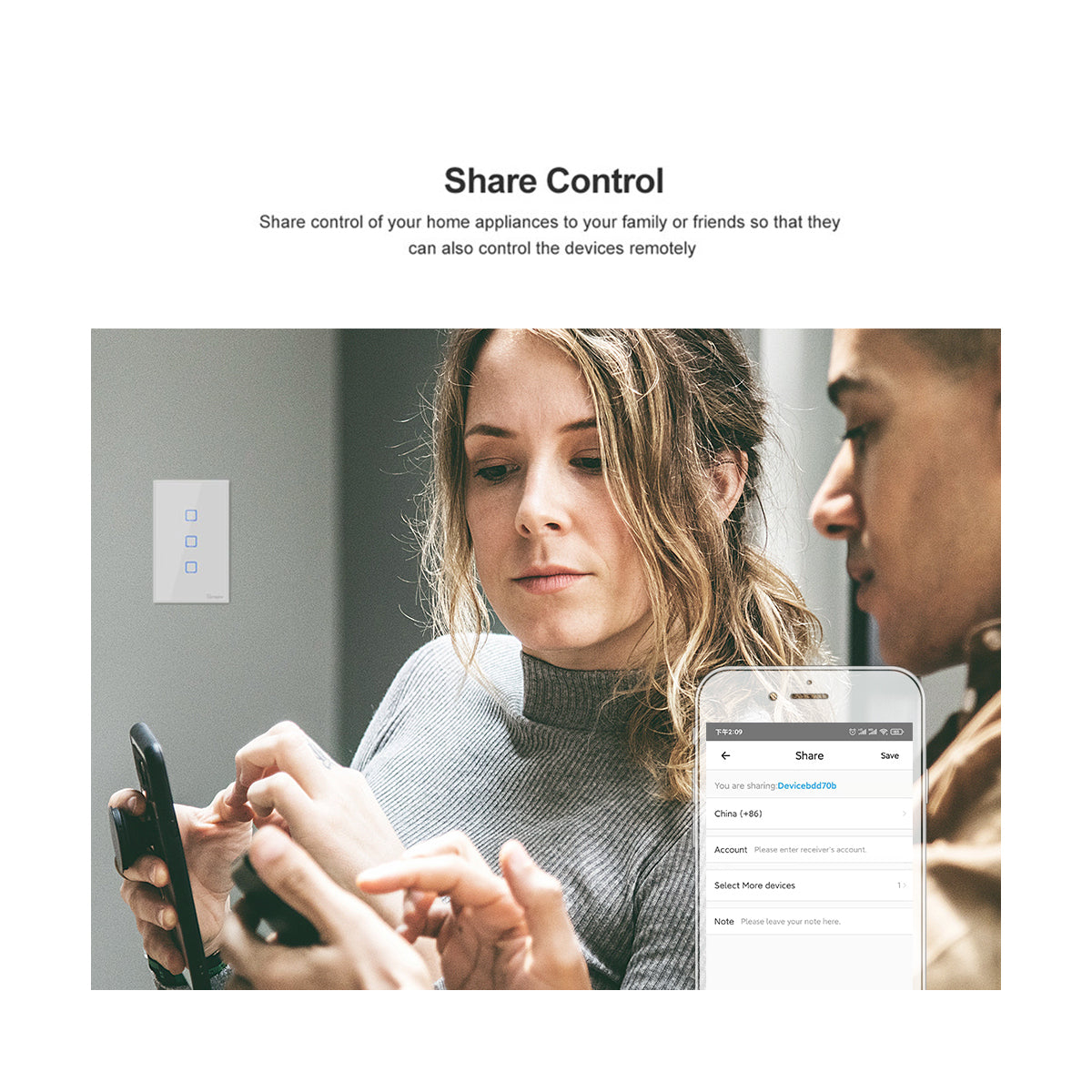 80131 SONOFF T2EU2C-RF - 433MHz Wireless Smart Wall Touch Button Switch AC 100-240V Max 4A (2A/Way) 2 Way - RF Series