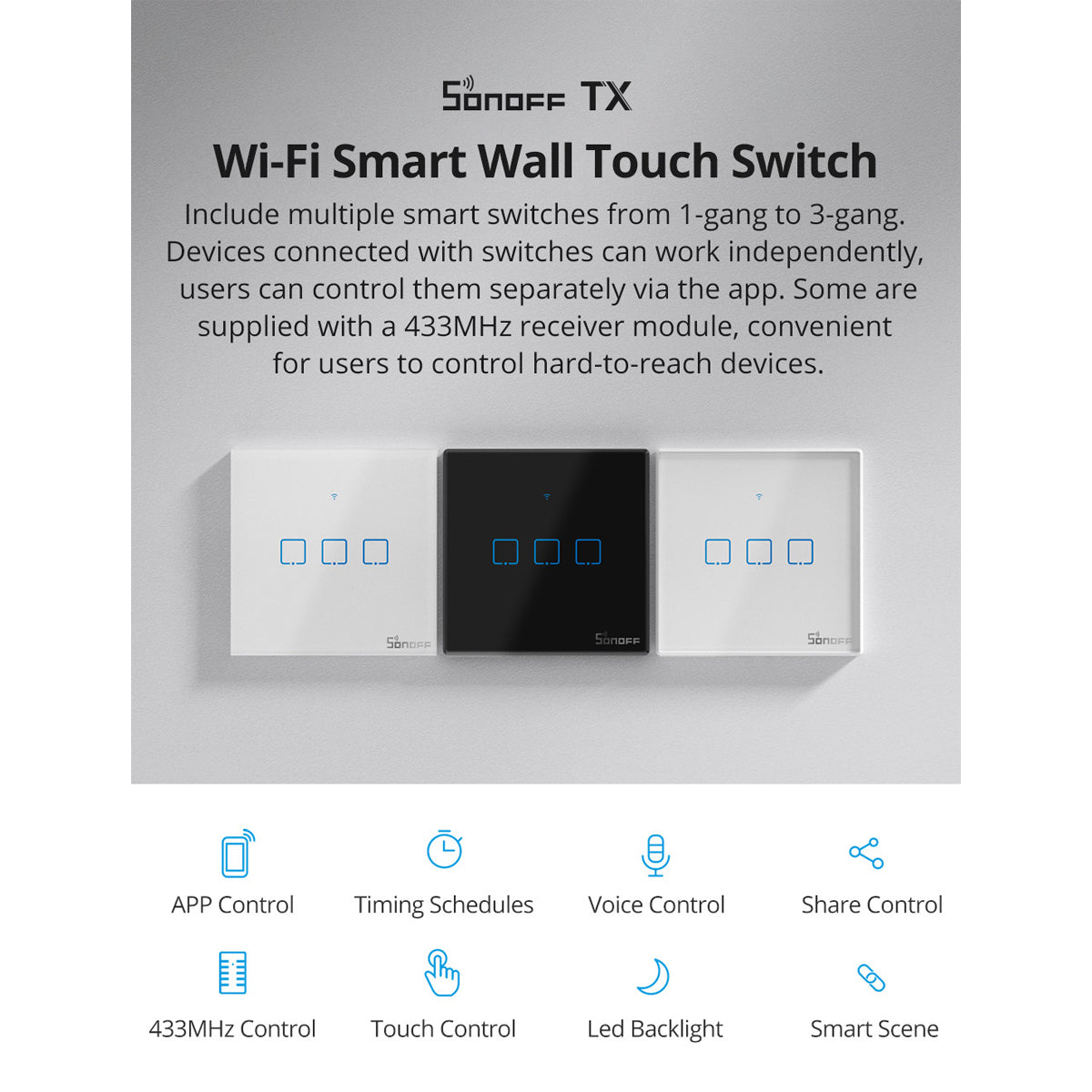 80131 SONOFF T2EU2C-RF - 433MHz Wireless Smart Wall Touch Button Switch AC 100-240V Max 4A (2A/Way) 2 Way - RF Series