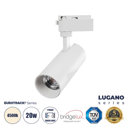 LUGANO 60807 Μονοφασικό Φωτιστικό Σποτ Ράγας LED 20W 2500lm 36° Acrylic HQ LENS AC 220-240V IP20 Φ6.5 x Υ22cm Φυσικό Λευκό 4500K - EUROTRACK® System 1L+1N - Λευκό - Bridgelux Chip - TÜV Certified Driver