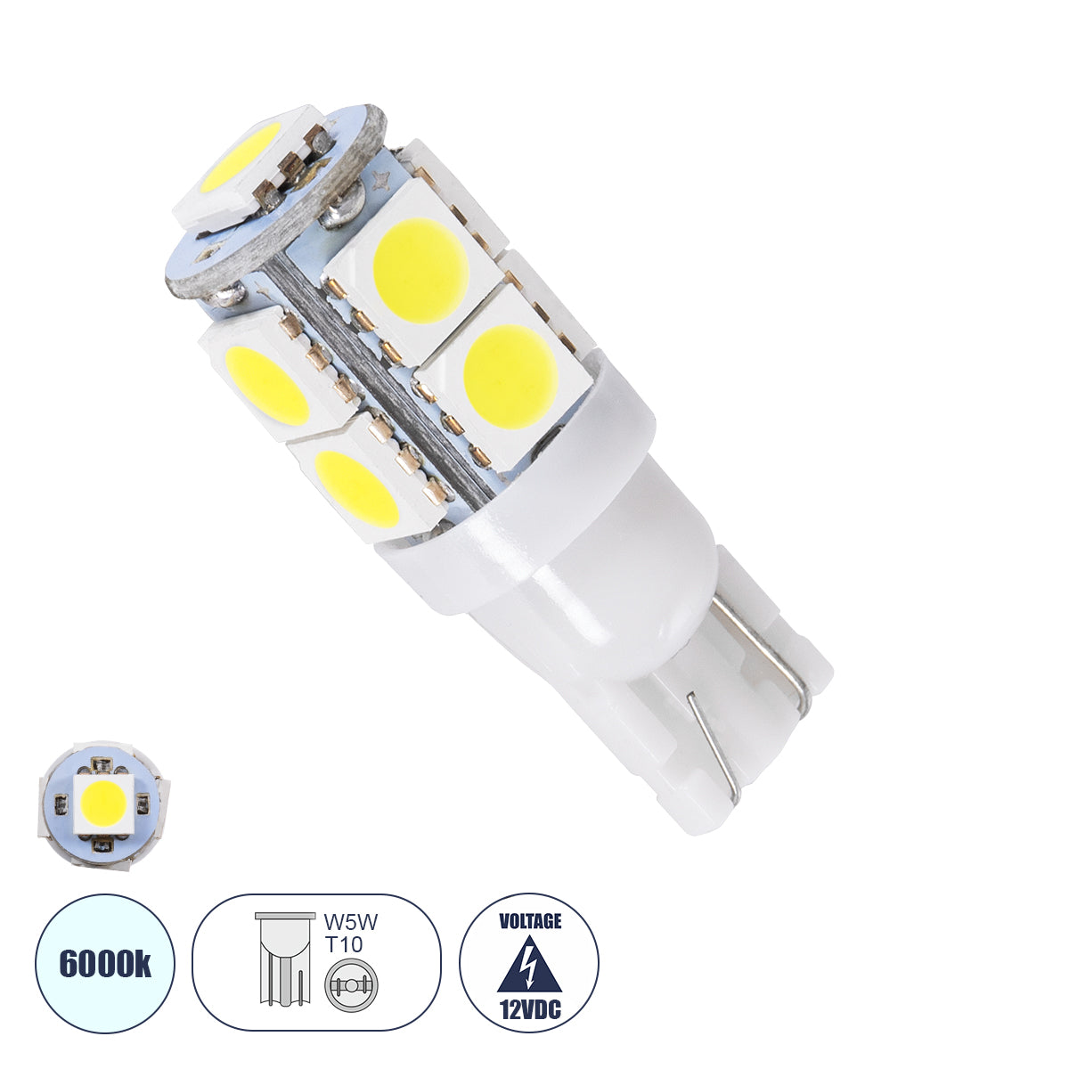 T10 W5W 81056 Λάμπα Αυτοκινήτου LED 9xSMD5050 2.1W 198lm 360° DC 12-16V IP20 Φ1.2 x Υ3.1cm Ψυχρό Λευκό 6000K