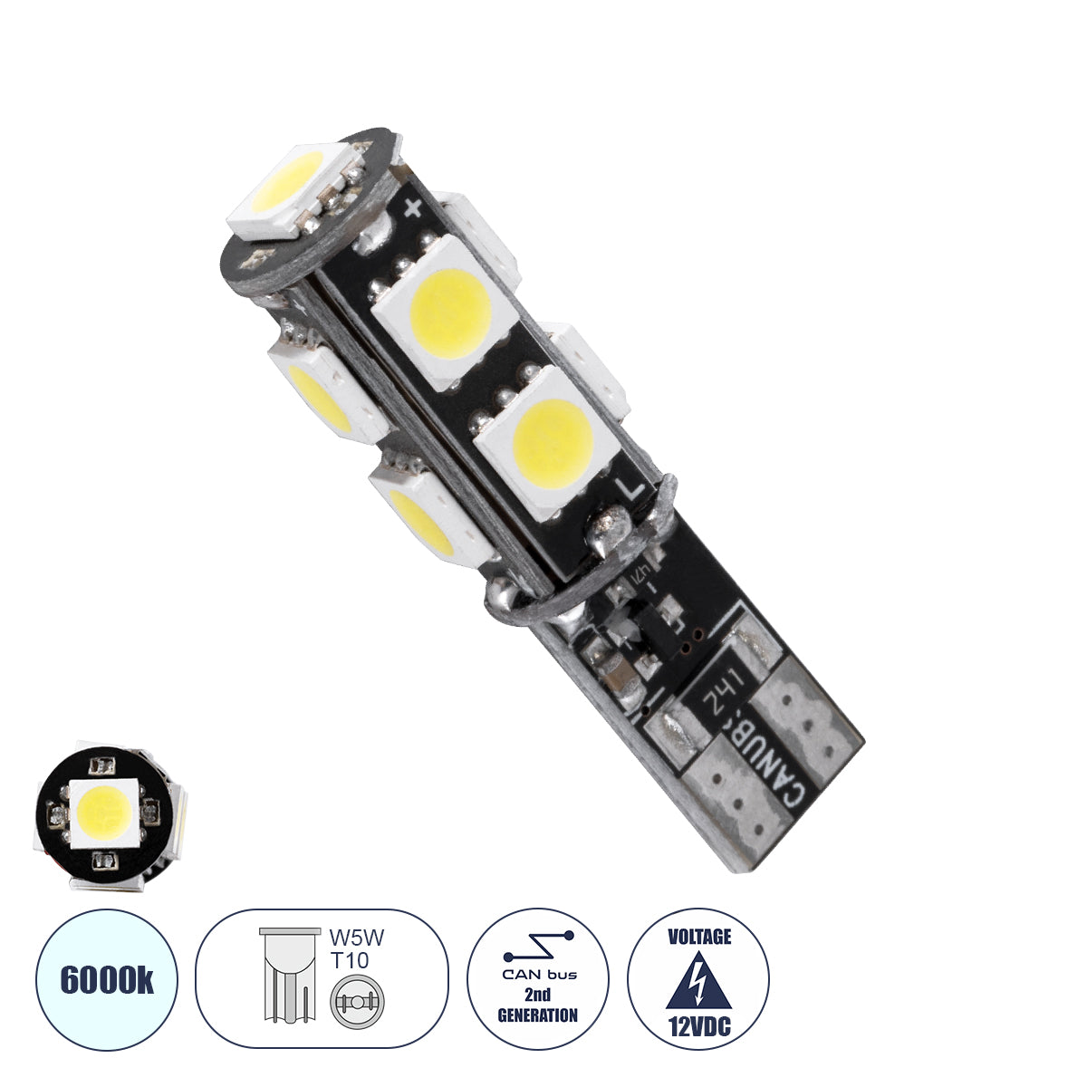 T10 W5W 81096 Λάμπα Αυτοκίνητου LED 2rd Generation Can-Bus Series 9xSMD5050 4.14W 540lm 360° DC 12-16V IP20 Φ1 x Υ3.9cm Ψυχρό Λευκό 6000K