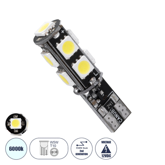 T10 W5W 81096 Λάμπα Αυτοκίνητου LED 2rd Generation Can-Bus Series 9xSMD5050 4.14W 540lm 360° DC 12-16V IP20 Φ1 x Υ3.9cm Ψυχρό Λευκό 6000K