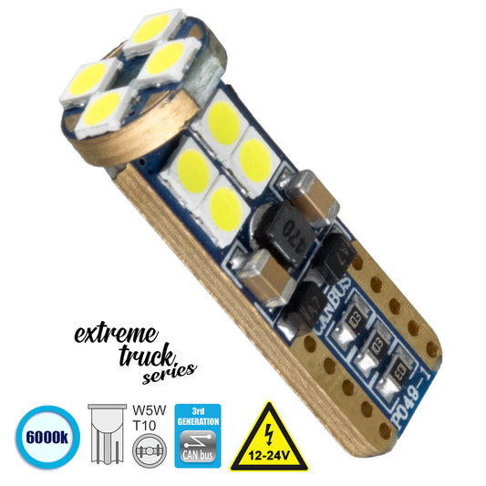 T10 W5W 81102 Λάμπα Αυτοκίνητου 3rd Generation Can-Bus Extreme Truck Series LED 12 SMD 3030 2.5W 900lm 360° DC 12-24V IP20 Ψυχρό Λευκό 6000K