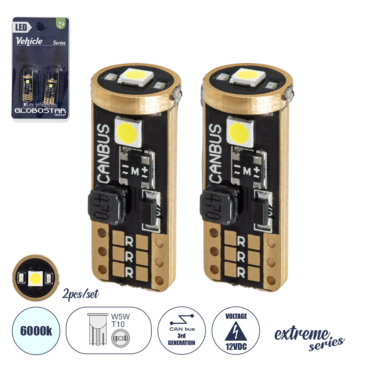 T10 W5W 81115-B Λάμπες Αυτοκινήτου LED 3rd Generation Can-Bus Extreme Series 3xSMD3030 3W 423lm 360° DC 12-16V IP20 Φ1 x Υ2.5cm Ψυχρό Λευκό 6000K - Σετ 2 Τεμαχίων σε Blister