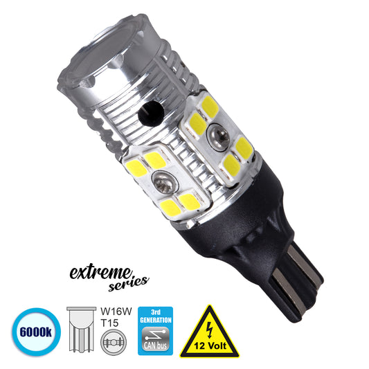 T10 W5W 81131 Λάμπα Αυτοκίνητου T15 - W16W 3rd Generation Can-Bus Extreme Series LED 16 SMD 3030 13W 1950lm 360° DC 12V IP20 Ψυχρό Λευκό 6000K