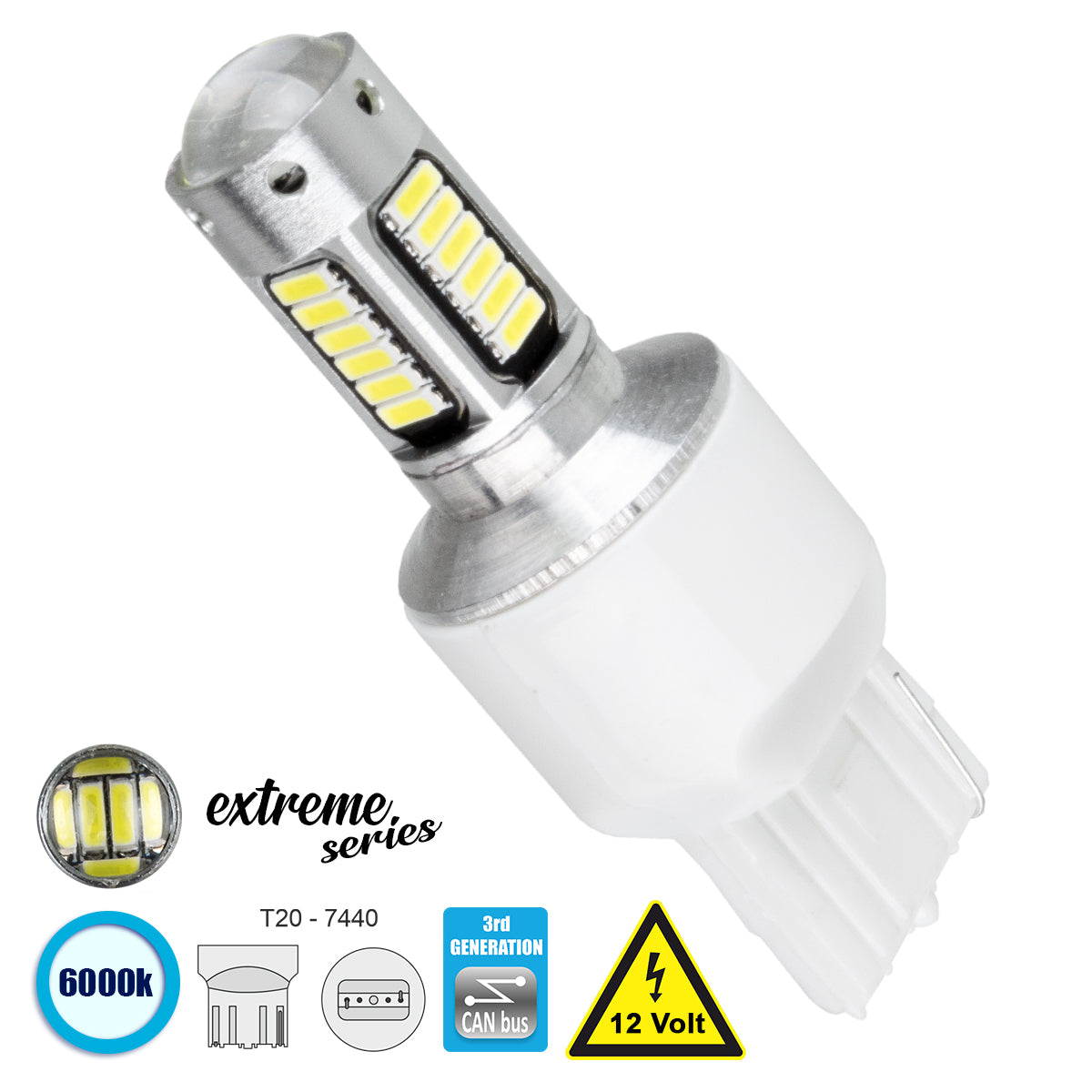 81147 Λάμπα Αυτοκίνητου T20 - 7440 - W21W 3rd Generation Can-Bus Extreme Series LED 30 SMD 4014 6W 900lm 360° DC 12V IP20 Ψυχρό Λευκό 6000K