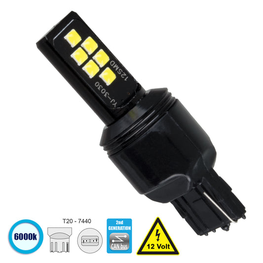 81157 Λάμπα Αυτοκίνητου T20 - 7440 - W21W 2nd Generation Can-Bus Series LED 12 SMD 3030 8W 1200lm 360° DC 12V IP20 Ψυχρό Λευκό 6000K