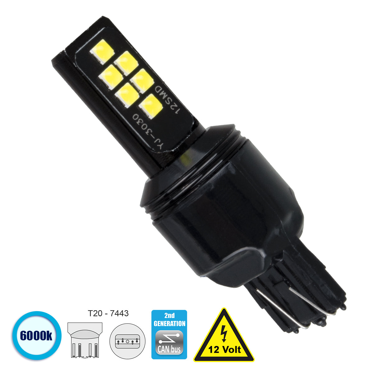 81159 Λάμπα Αυτοκίνητου T20 - 7443 - W21/5W 2nd Generation Can-Bus Series LED 12 SMD 3030 8W 1200lm 360° DC 12V IP20 Ψυχρό Λευκό 6000K