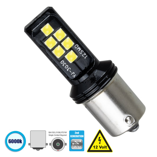 P21W-1156 81244 Λάμπα P21W 1156 BA15S CANbus LED 8W 1200lm 360° DC 12V IP20 Ψυχρό Λευκό 6000K - 12 x Epistar SMD3030 Chip - Μ1.8 x Π1.8 x Υ5